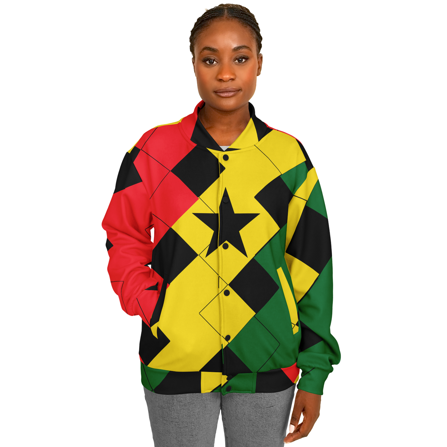 Women's Red Yellow Green and Black Stars Baseball Jacket