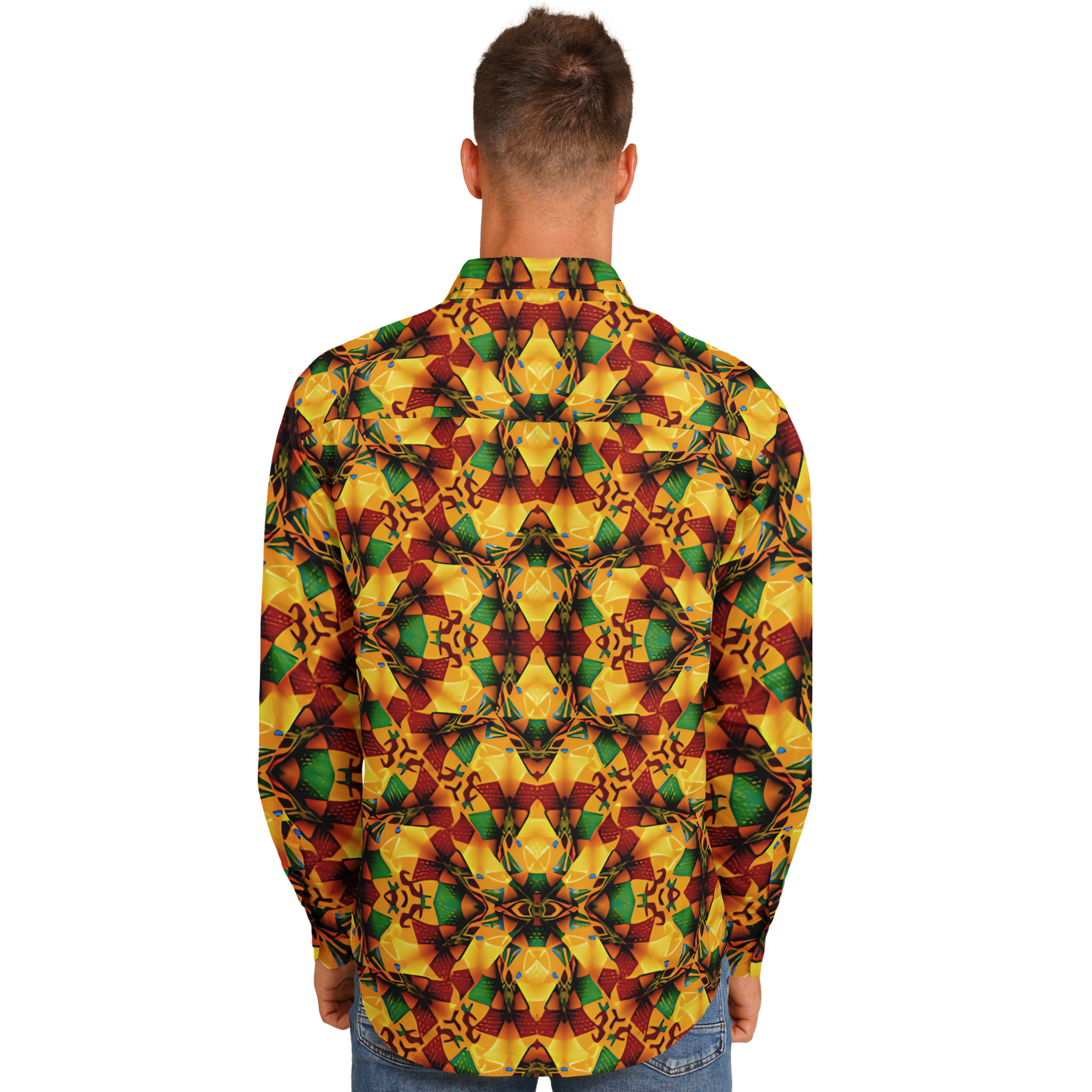 Men's Vibrant Autumn Kaleidoscope Pattern Spread Collar Long Sleeve Button-Down All Over Print Shirt.