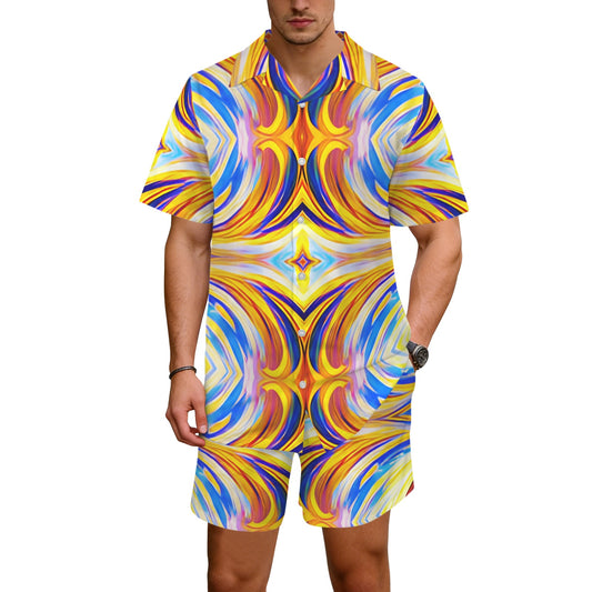 Men Abstract Sunburst Pattern All Over print Hawaiian Shirt & Shorts Set