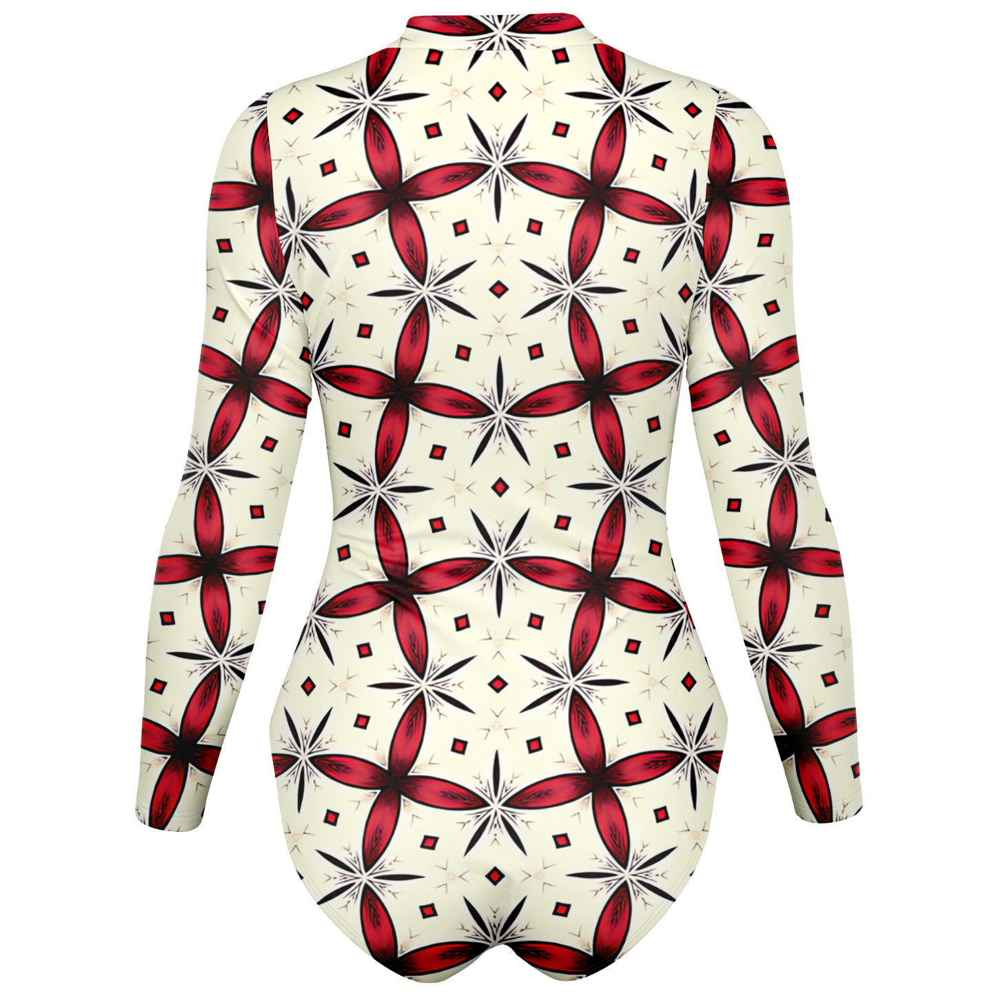 Women's Red & Black Geometric Pattern Bodysuit Long Sleeve