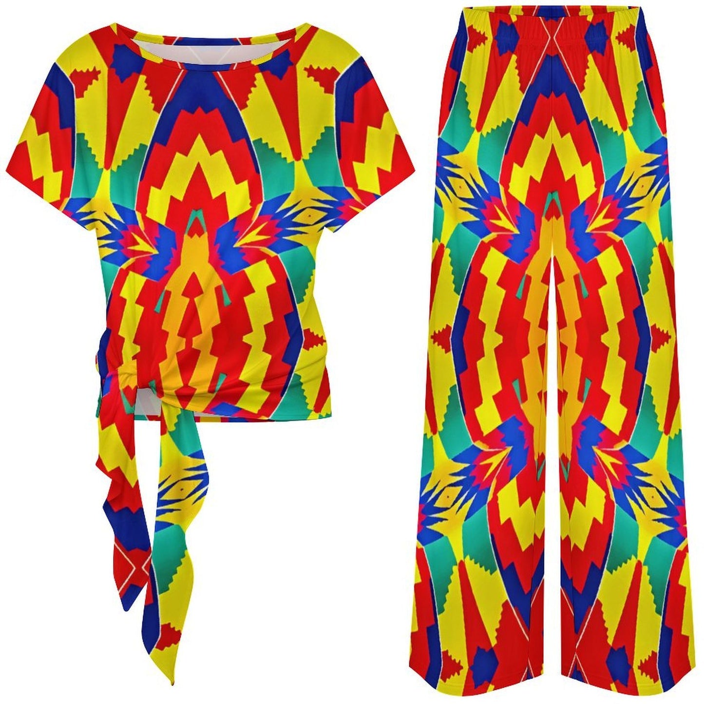 Women's Bold Rainbow Kente-Inspired Geometric Pattern All Over Print Side-Tie Short Sleeve Top & Wide-Leg Pants Set