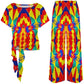 Women's Bold Rainbow Kente-Inspired Geometric Pattern All Over Print Side-Tie Short Sleeve Top & Wide-Leg Pants Set