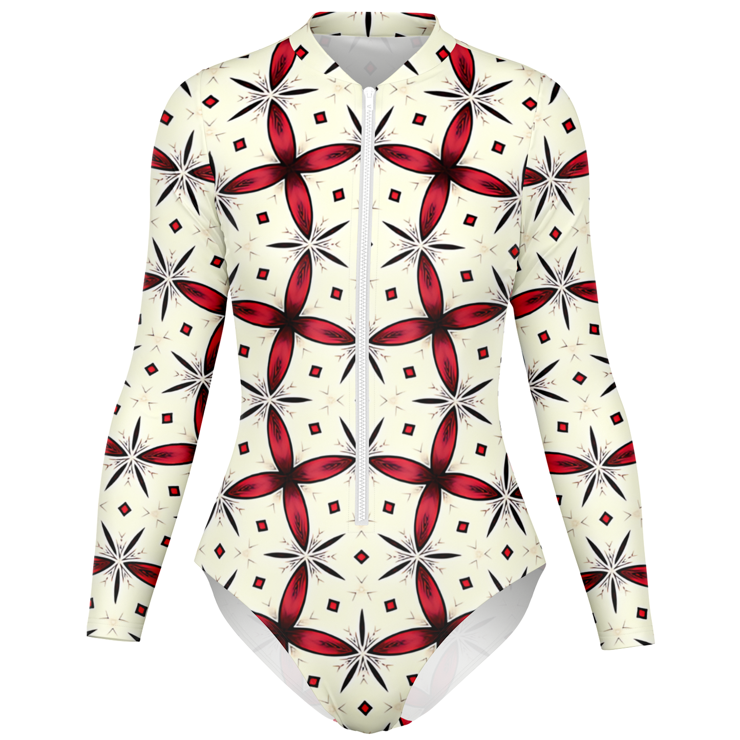Women's Red & Black Geometric Pattern Bodysuit Long Sleeve