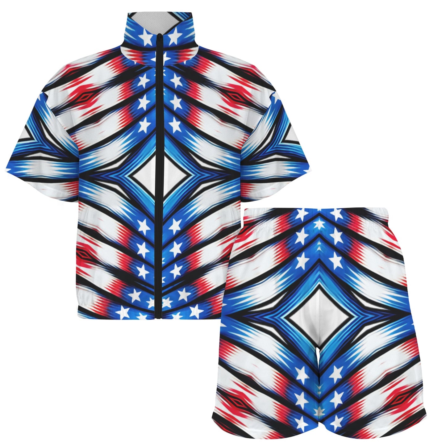 Women's Red White Blue Geometric Pattern All-Over Print All Over Print Windbreaker Short Set