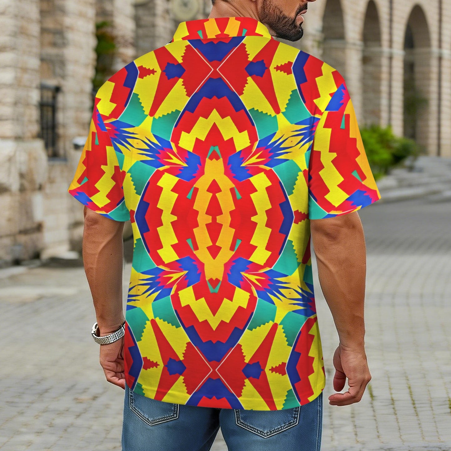 Men's Vibrant African Kente Geometric Pattern All-Over Print Zipper Polo Shirt.