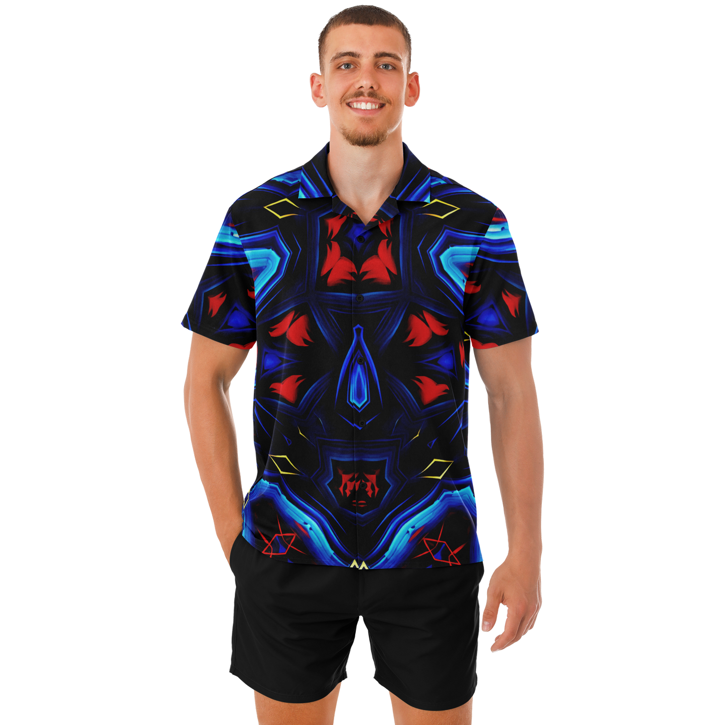 Men's Blue & Red Kaleidoscope Pattern All Over Print Spread Collar Short Sleeve Button-Down Shirt