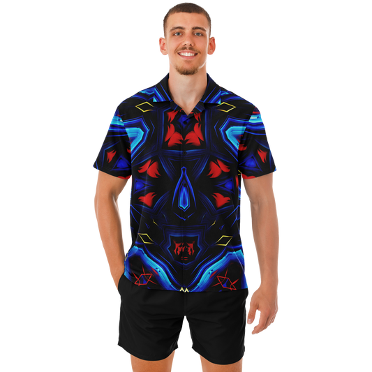 Men's Blue & Red Kaleidoscope Pattern All Over Print Spread Collar Short Sleeve Button-Down Shirt