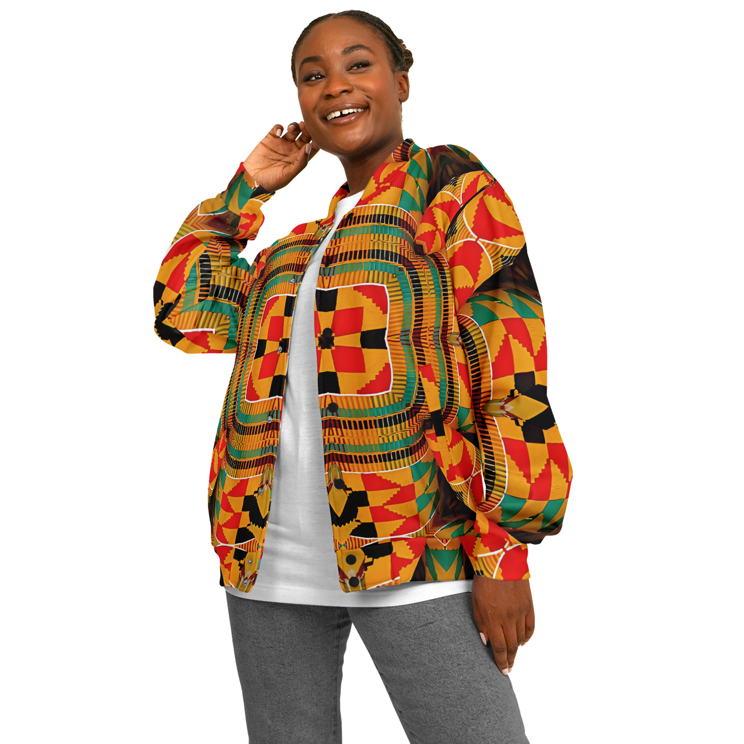 Women's Vibrant African Kente-Inspired Pattern All-Over Print Baseball Jacket
