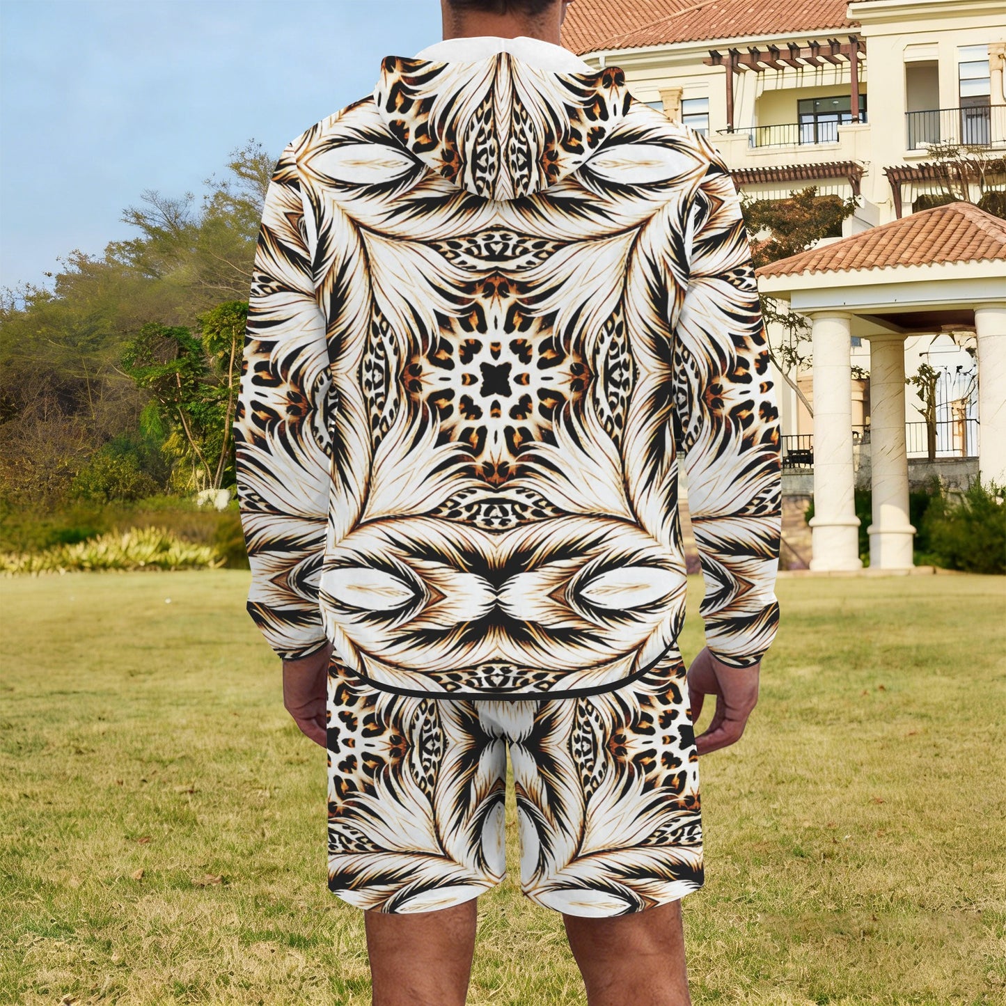 Men's Brown & Black Kaleidoscope Pattern  All Over Print Lightweight Sun Hoodie & Shorts Set