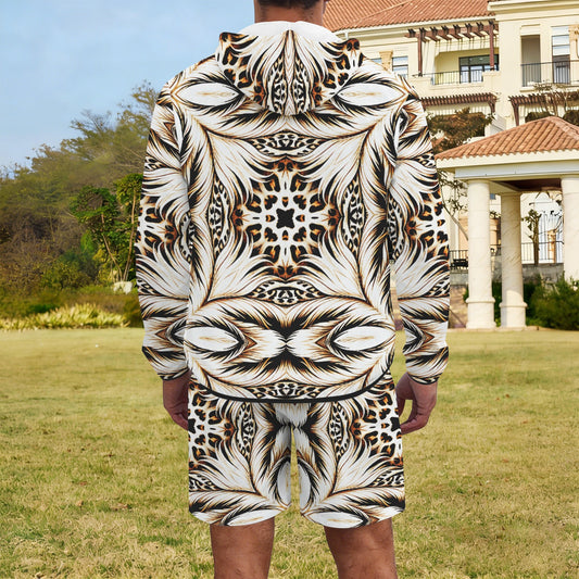 Men's Brown & Black Kaleidoscope Pattern All Over Print Lightweight Sun Hoodie & Shorts Set
