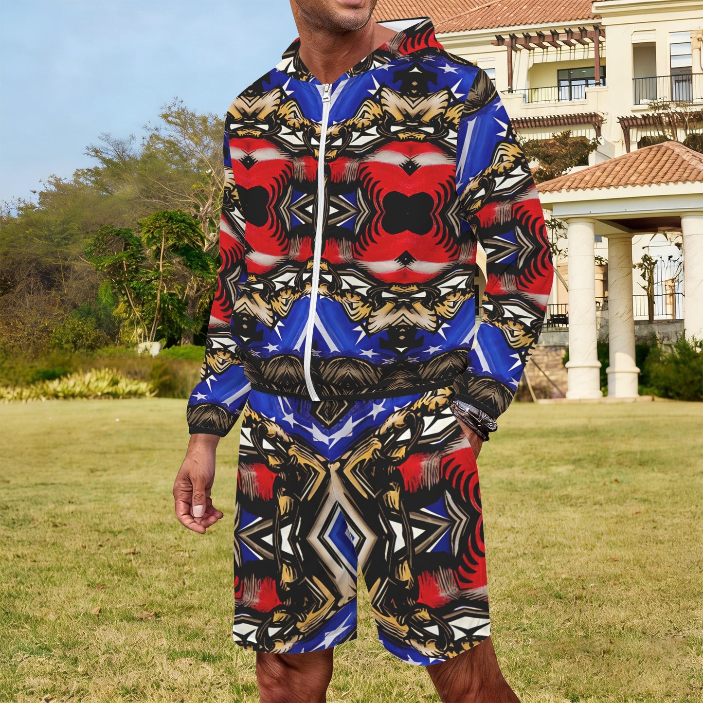 Men's Patriotic Kaleidoscope Pattern All-Over Print Lightweight Sun Hoodie & Shorts Set