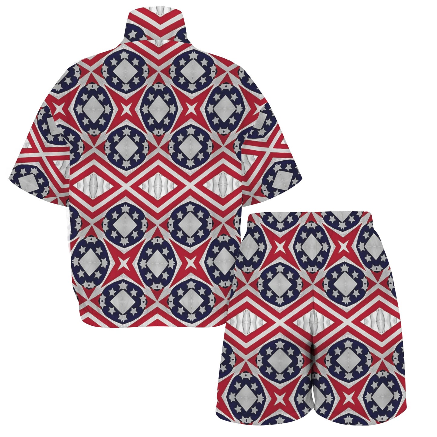 Women's Patriotic Red White Blue Geometric Windbreaker Short Set