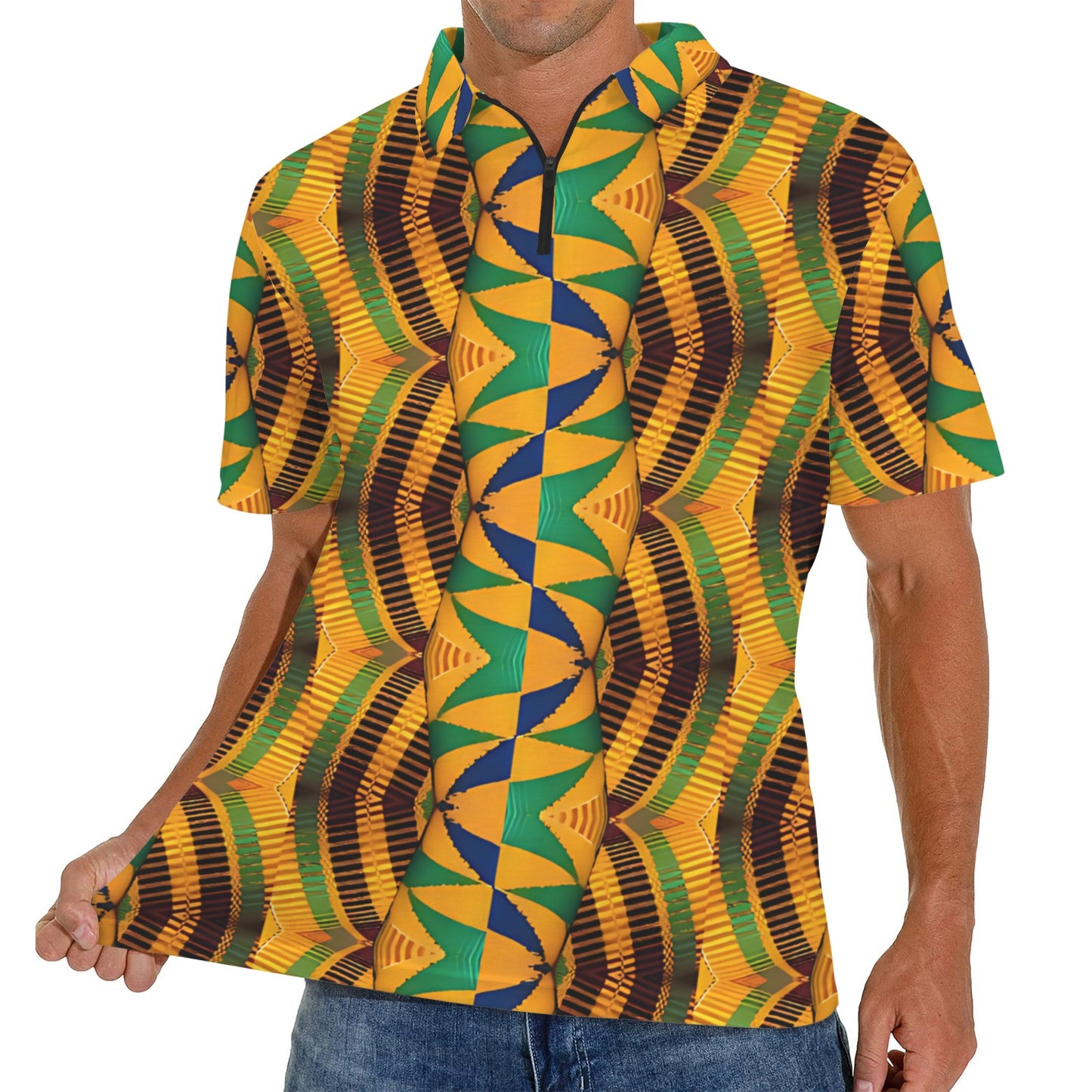 Men's African Kente Geometric Pattern All-Over Print Zipper Polo Shirt