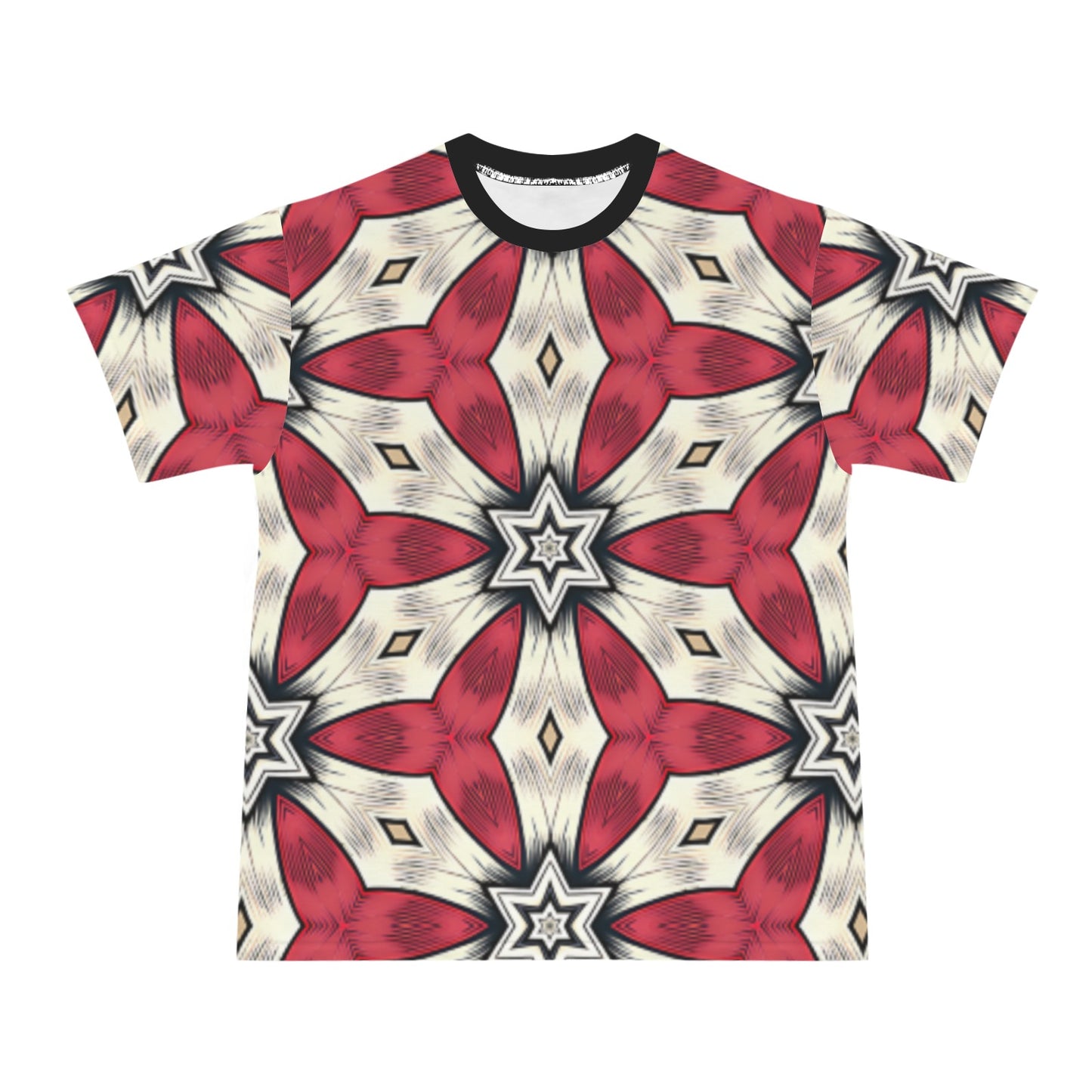 Men's Red & White Geometric Star Pattern All Over Print Cut & Sew Ribbed Collar T-Shirt