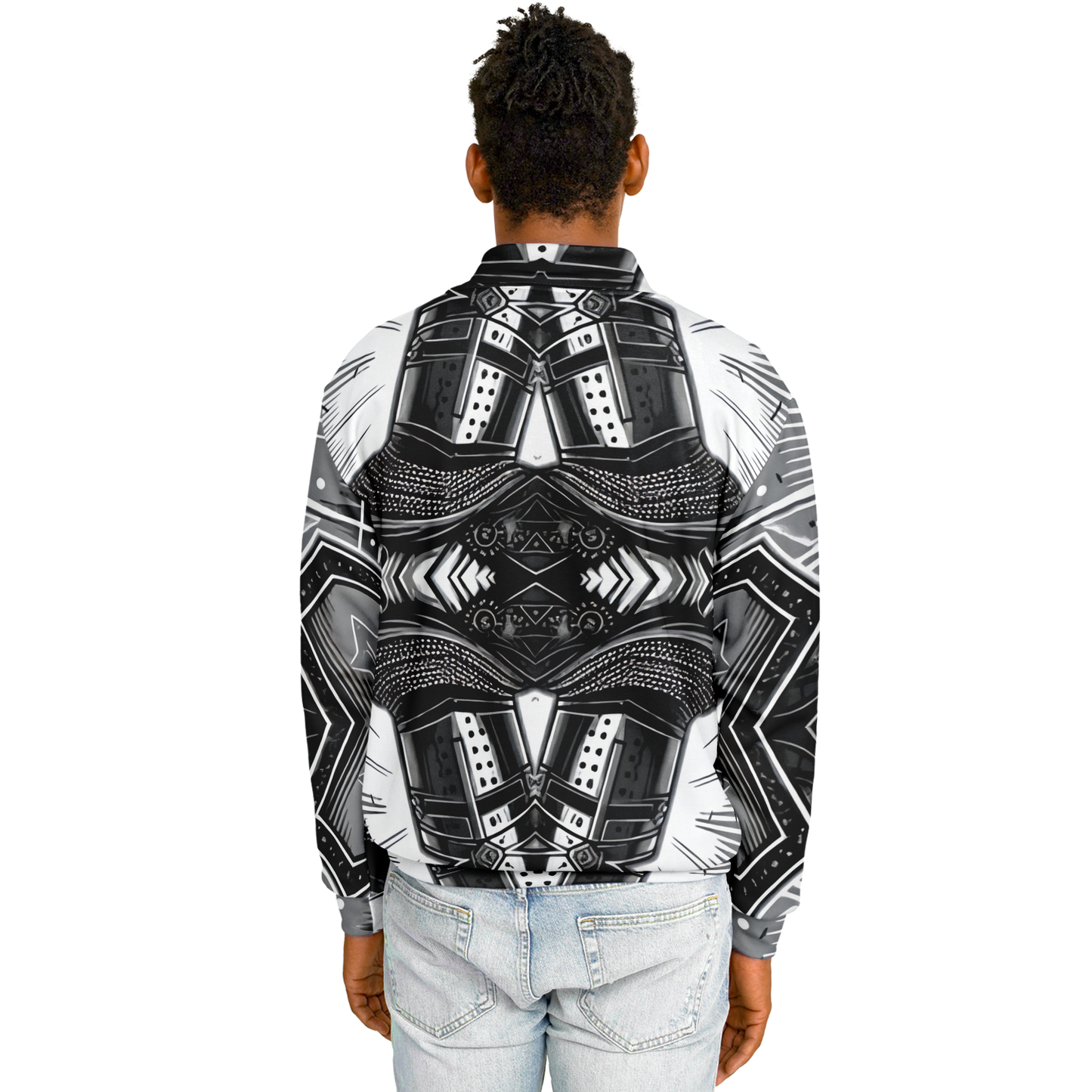 Men's Classic Black & White Geometric Pattern All Over Print Baseball Jacket