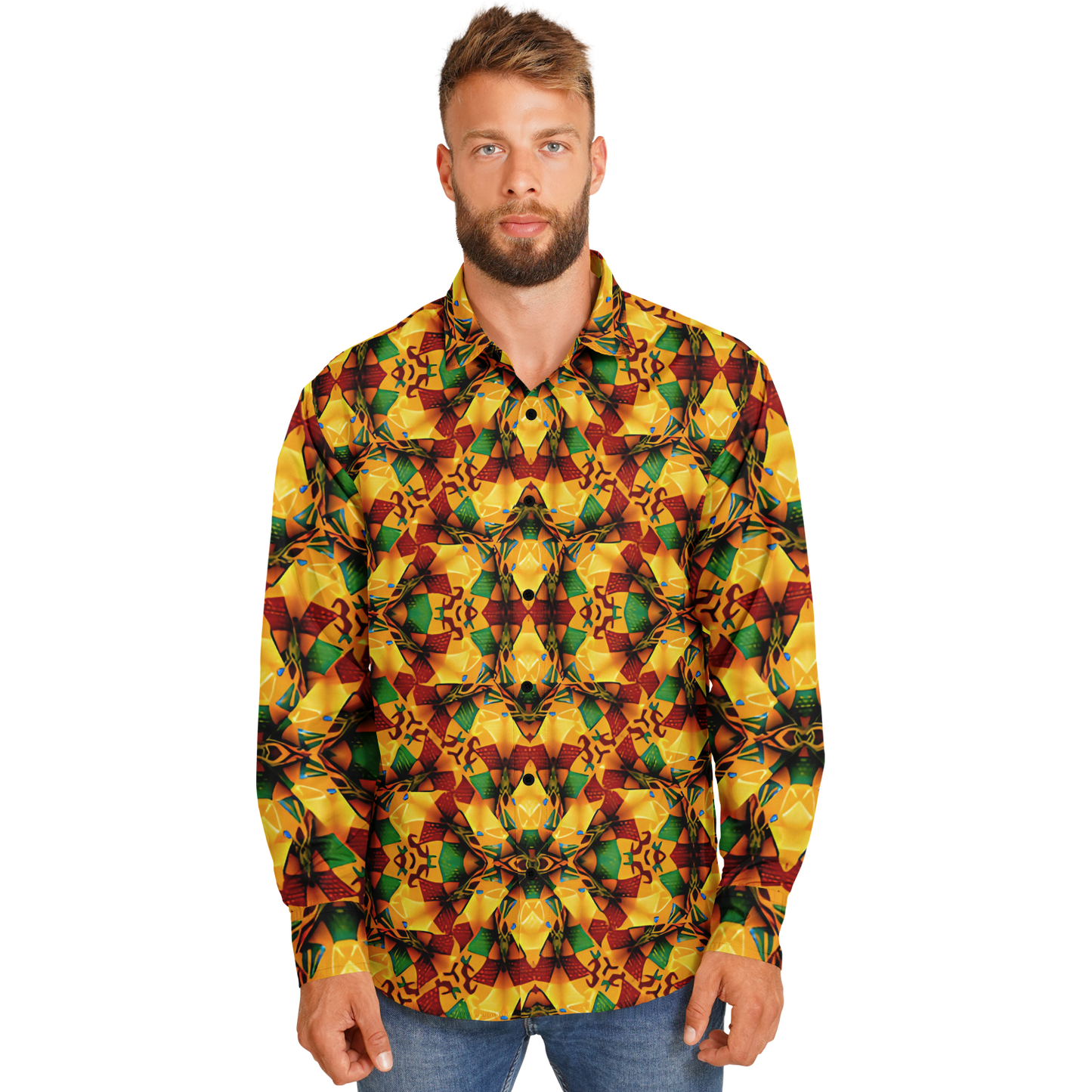 Men's Vibrant Autumn Kaleidoscope Pattern Spread Collar Long Sleeve Button-Down All Over Print Shirt.