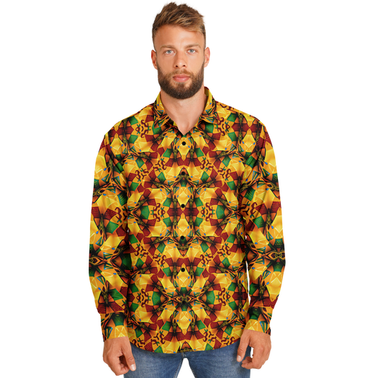Men's Vibrant Autumn Kaleidoscope Pattern Spread Collar Long Sleeve Button-Down All Over Print Shirt.