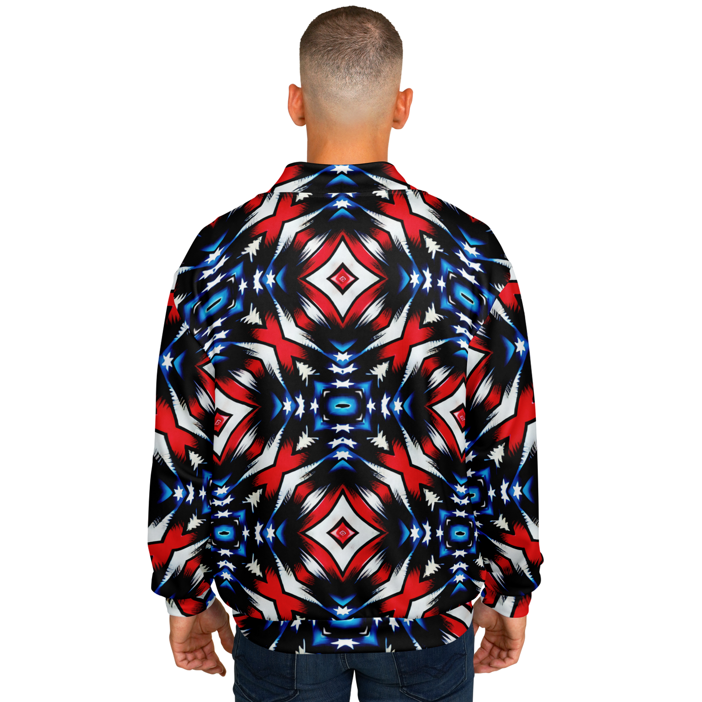 Men's Red White Blue Geometric Pattern All-Over Print Baseball Jacket