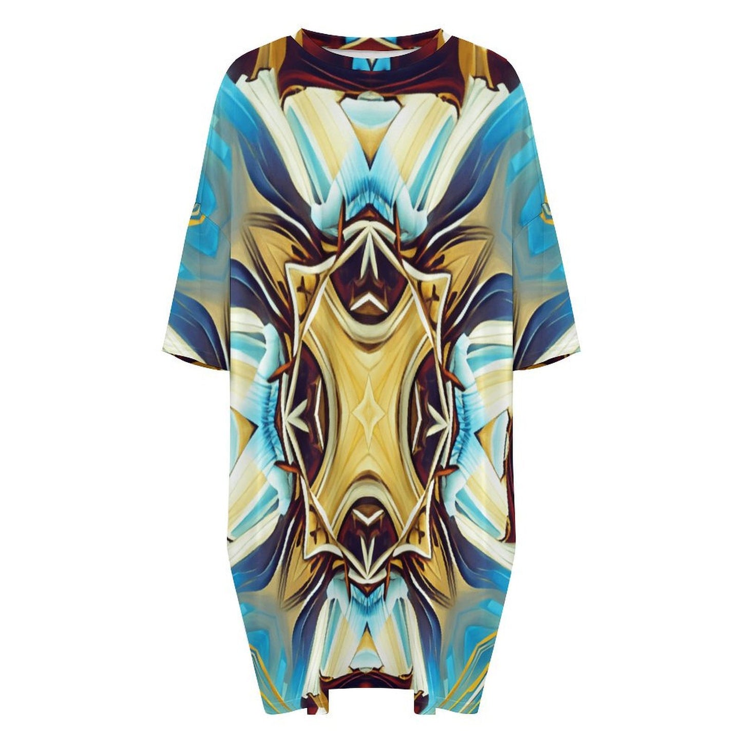 Women's Abstract Teal & Gold Pattern All Over Print Oversized T- Shirt Loungewear