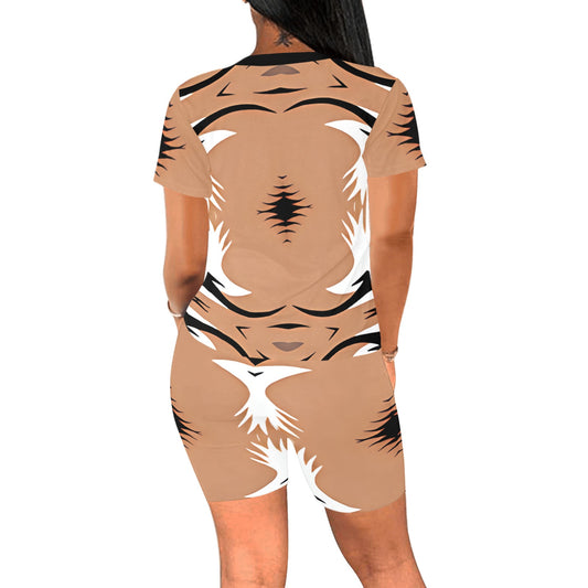 Women's Brown Tribal Wave Pattern All-Over Print Short Yoga Set