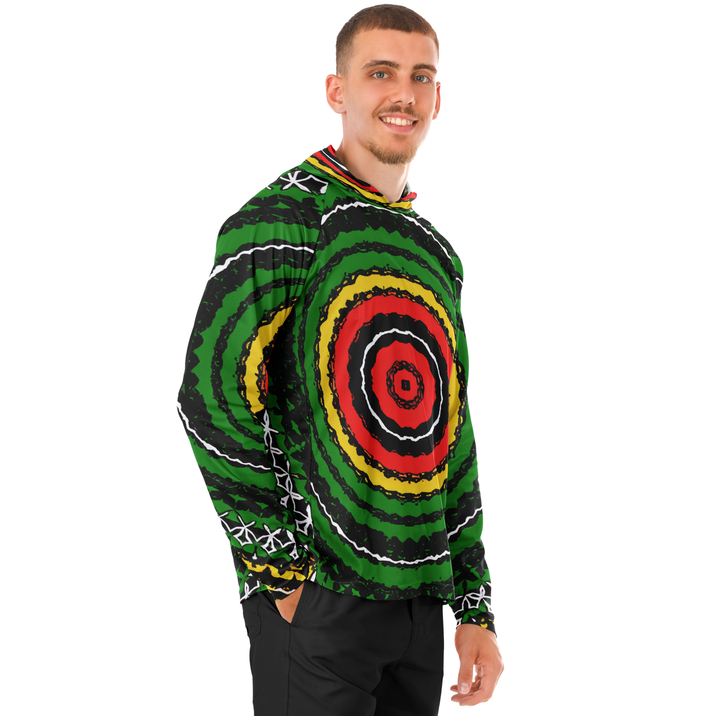 Men's Green Striped with Vibrant Accent Pattern All Over print Long Sleeve Hooded Performance Shirt