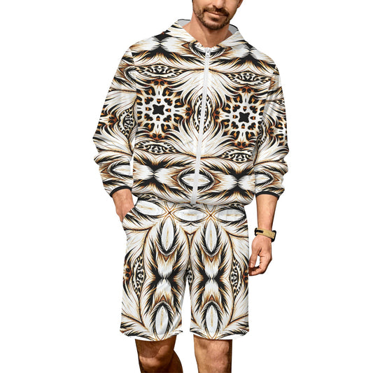 Men's Brown & Black Kaleidoscope Pattern  All Over Print Lightweight Sun Hoodie & Shorts Set