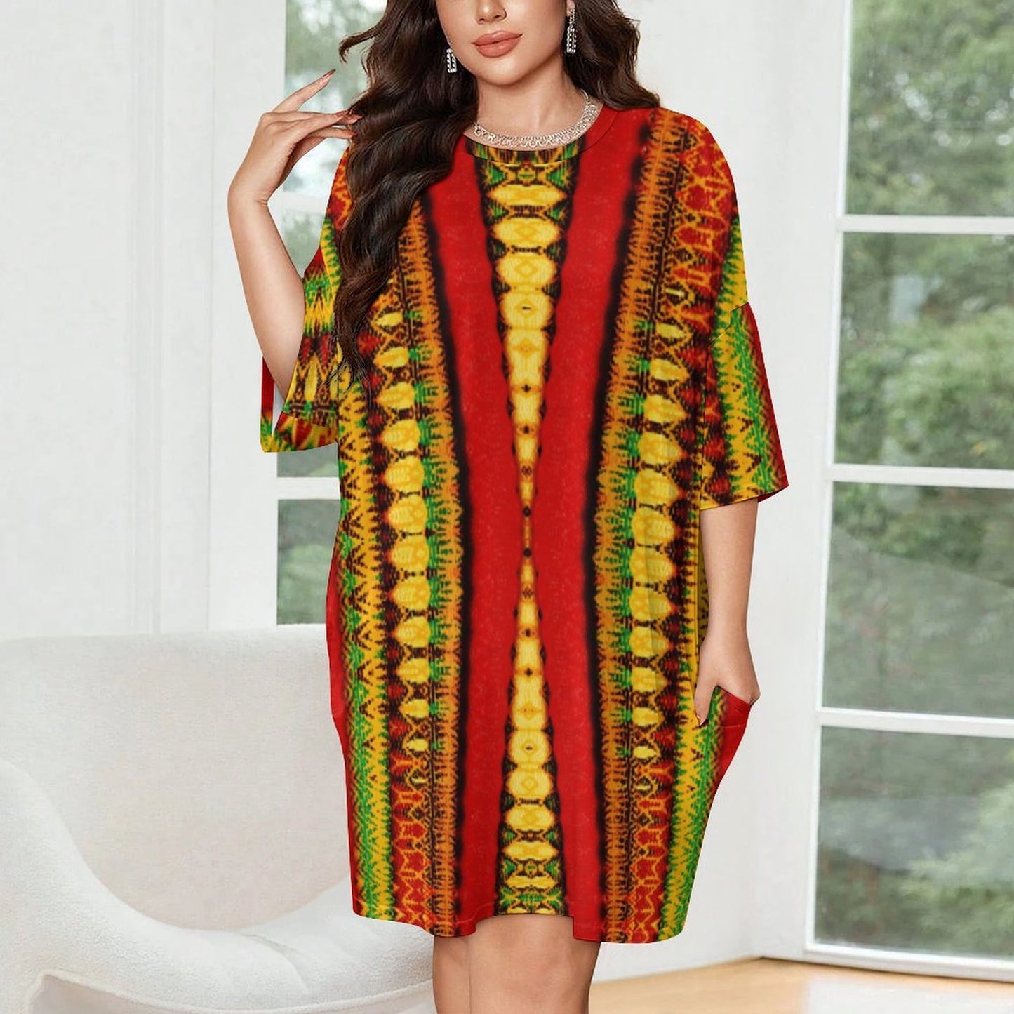 Women's Red Bold Tribal Pattern All-Over Print Oversized T- Shirt Loungewear