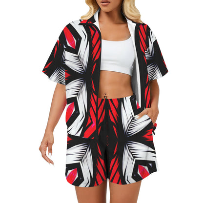 Women's Abstract Red, White & Black Pattern All-Over Print Windbreaker Short Set