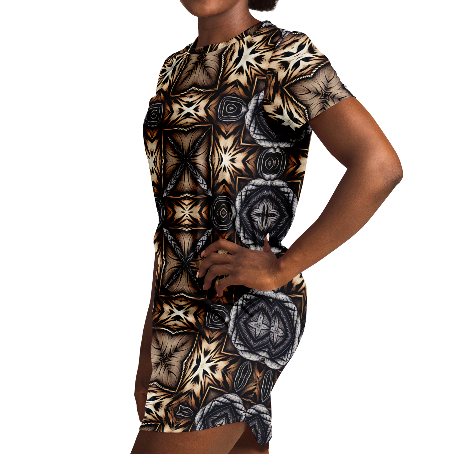 Women's Geometric Kaleidoscope Brown Pattern All Over Print T-Shirt Dress