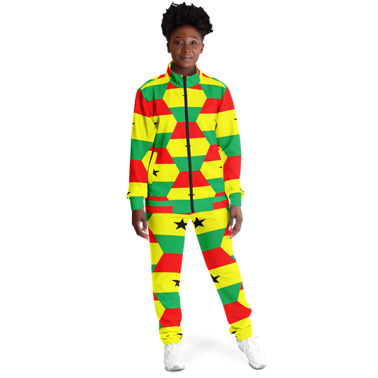 Women's Red Yellow Green Stars Flag Hex Pattern Track Jacket and Pants