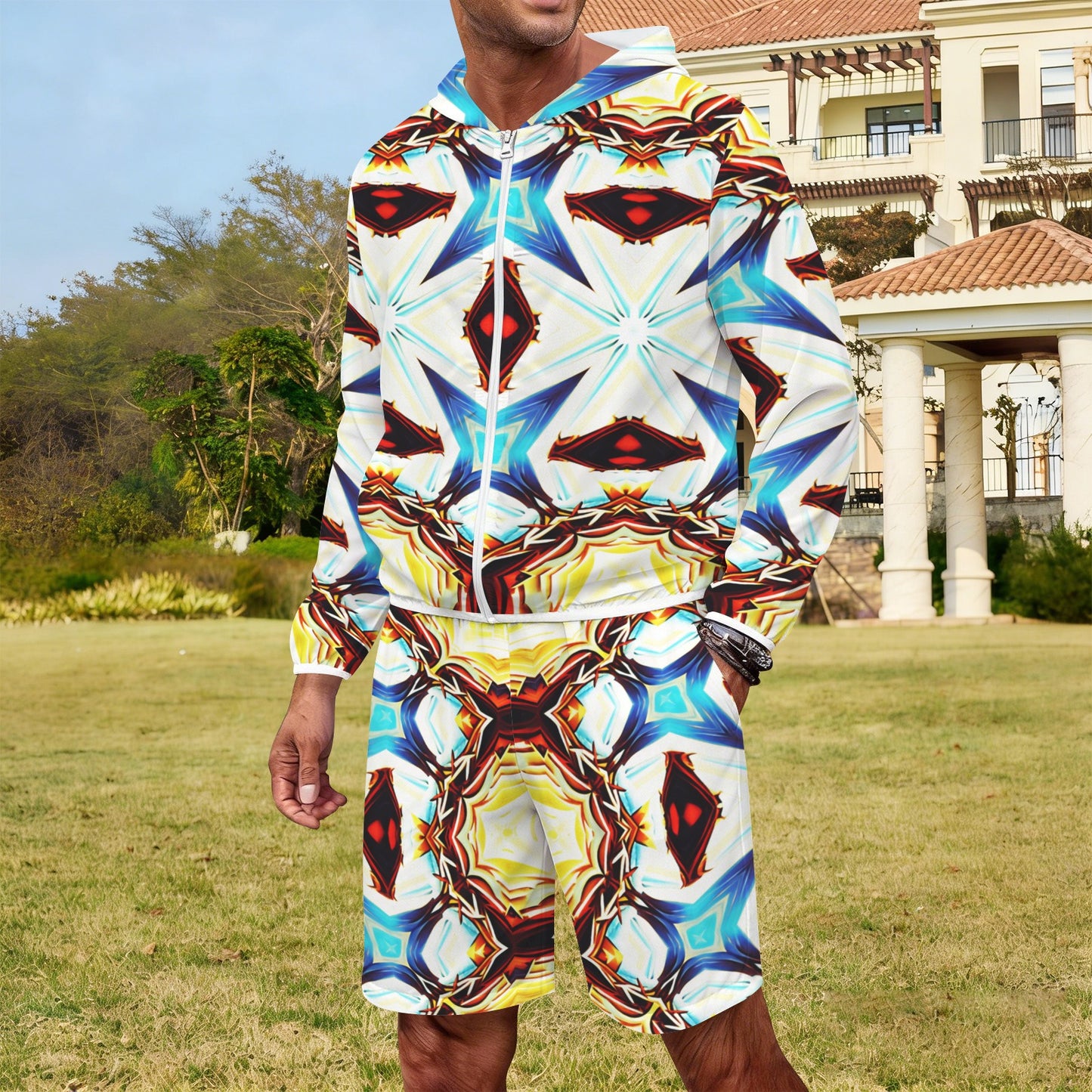Men's Vibrant Kaleidoscope Geo Pattern All-Over Print Lightweight Sun Hoodie & Shorts Set