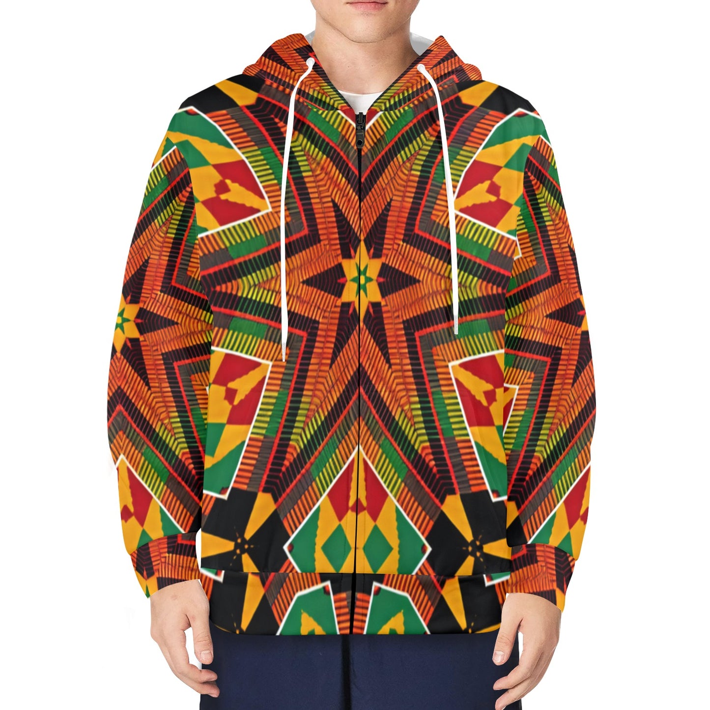 Men's African Kente Geometric Star Pattern All-Over Print Fleece Full-Zip Hoodie