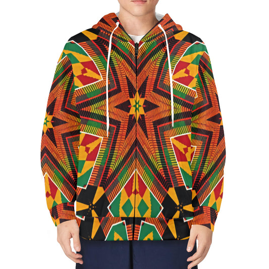Men's African Kente Geometric Star Pattern All-Over Print Fleece Full-Zip Hoodie
