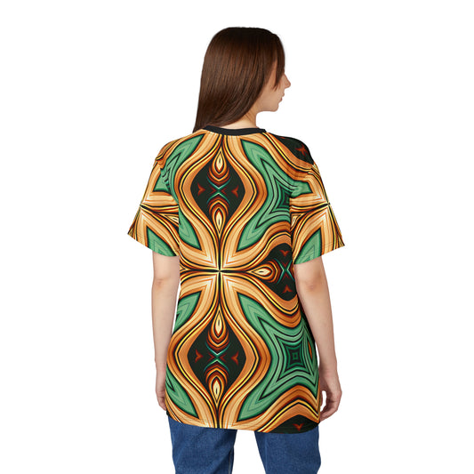 Women's Green & Gold Psychedelic Floral Pattern All-Over Print Tee