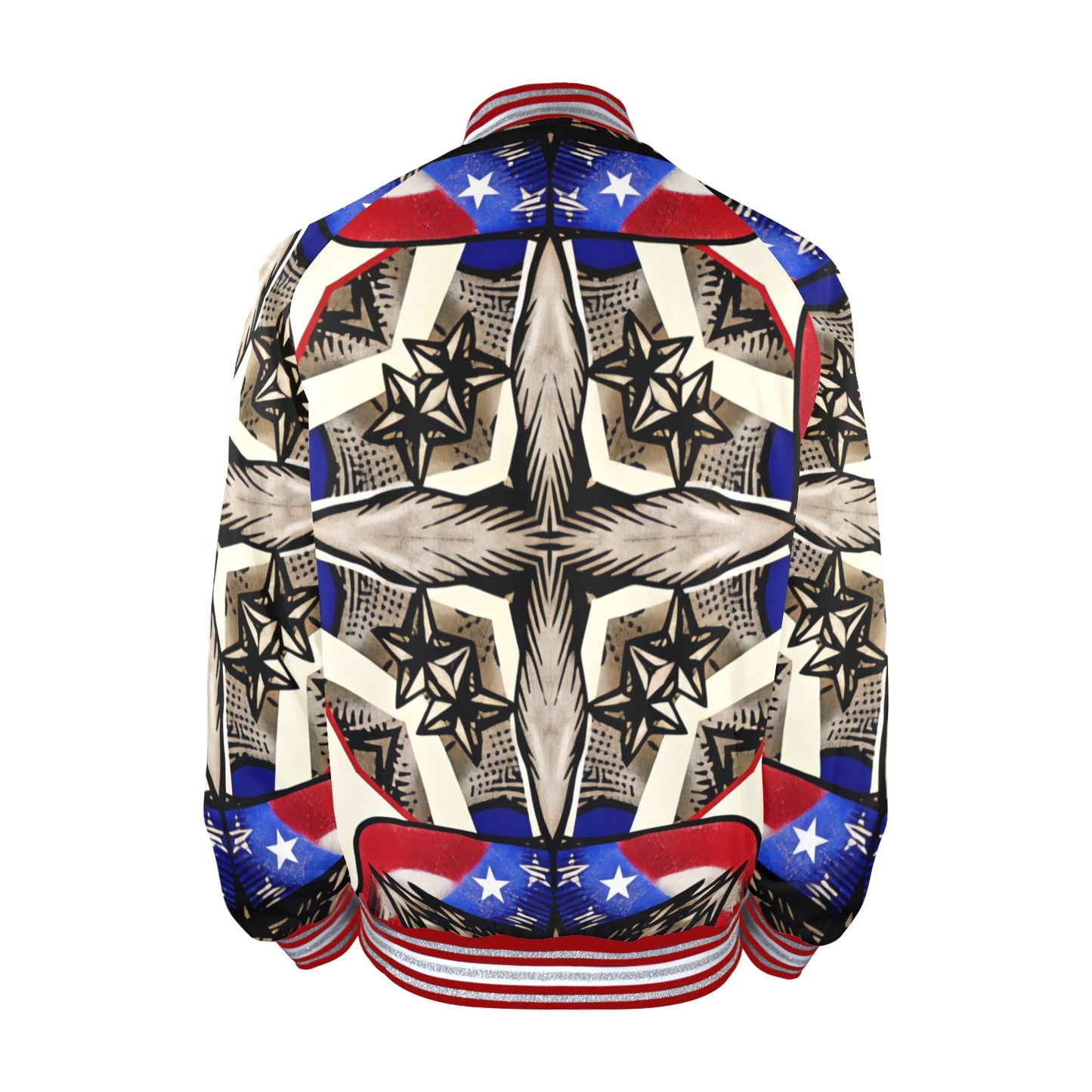 Men's Patriotic Star Kaleidoscope Pattern All-Over Print Striped Trim Bomber Jacket