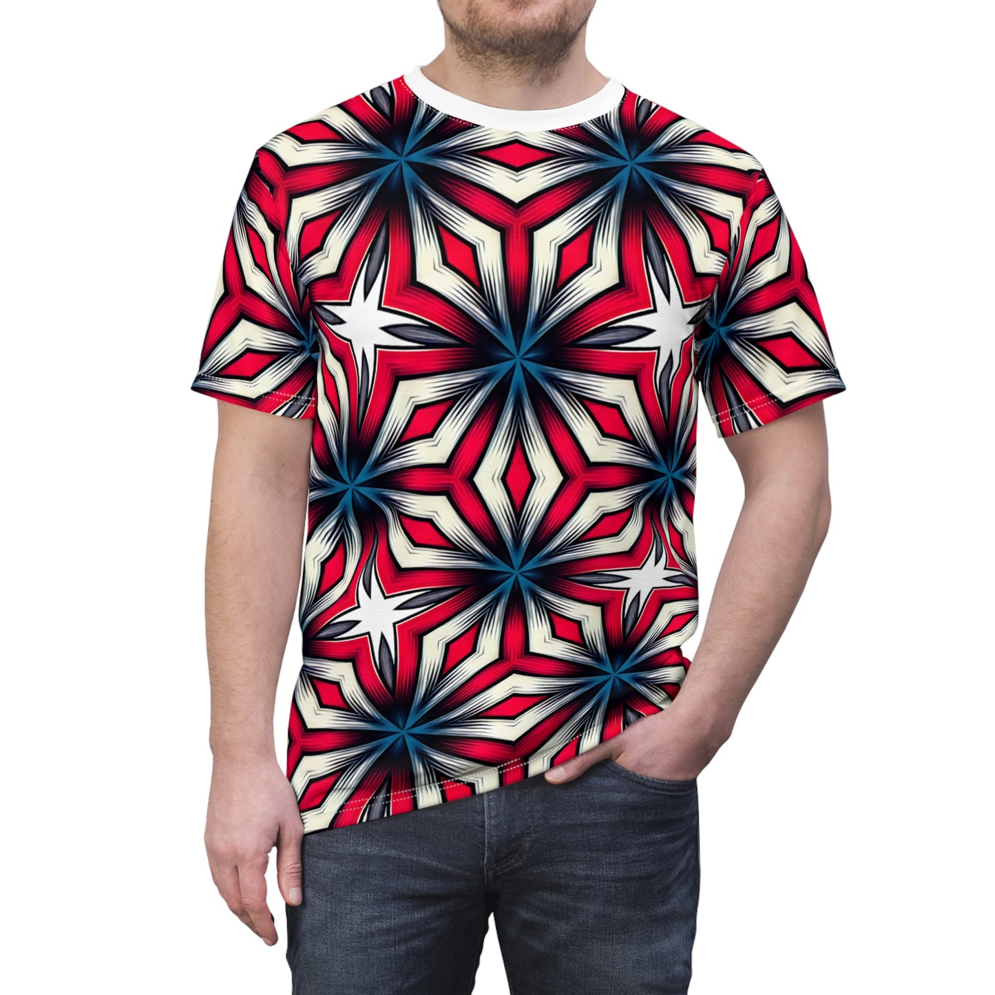 Men's Red, White & Blue Geometric Star Pattern All-Over Print Unisex Cut & Sew Tee