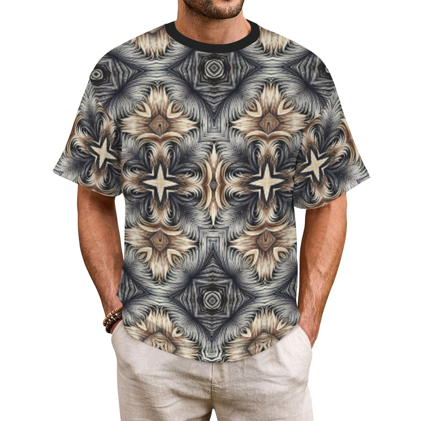 Men's Neutral Geometric Floral Pattern All Over print Men's All Over Print Ribbed Collar T-Shirt (Model T94)