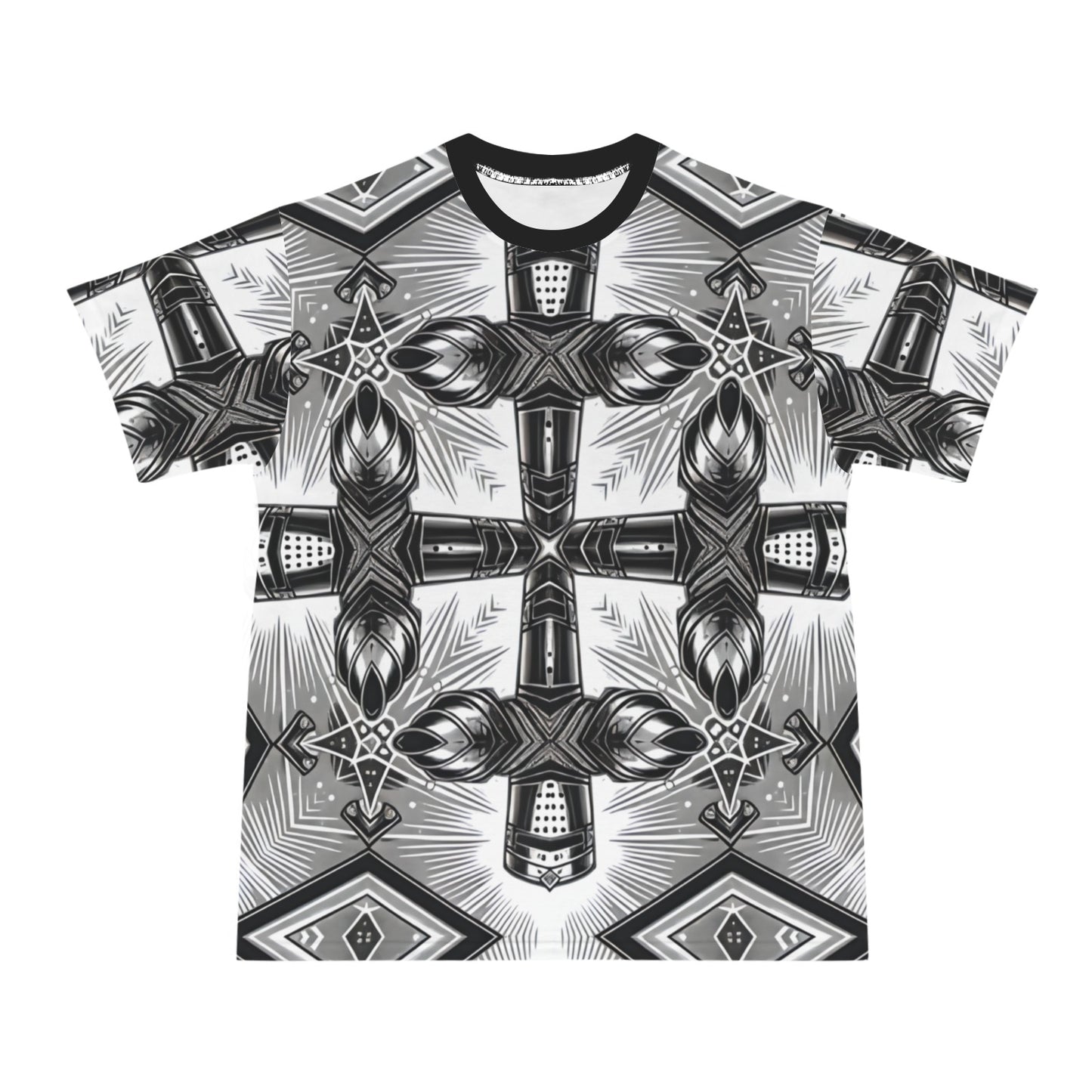 Men's Monochrome Gothic Cross Pattern All Over print All Over Print Ribbed Collar T-Shirt