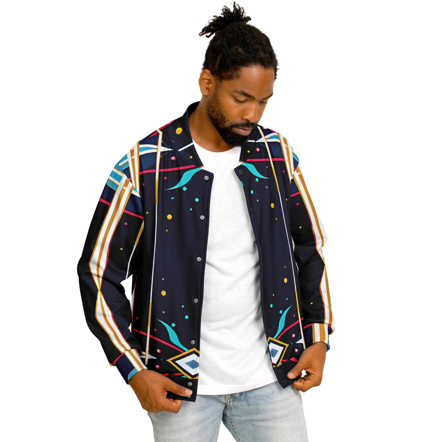 Men's Abstract Neon Geometry Pattern Design All Over Print Baseball Jacket