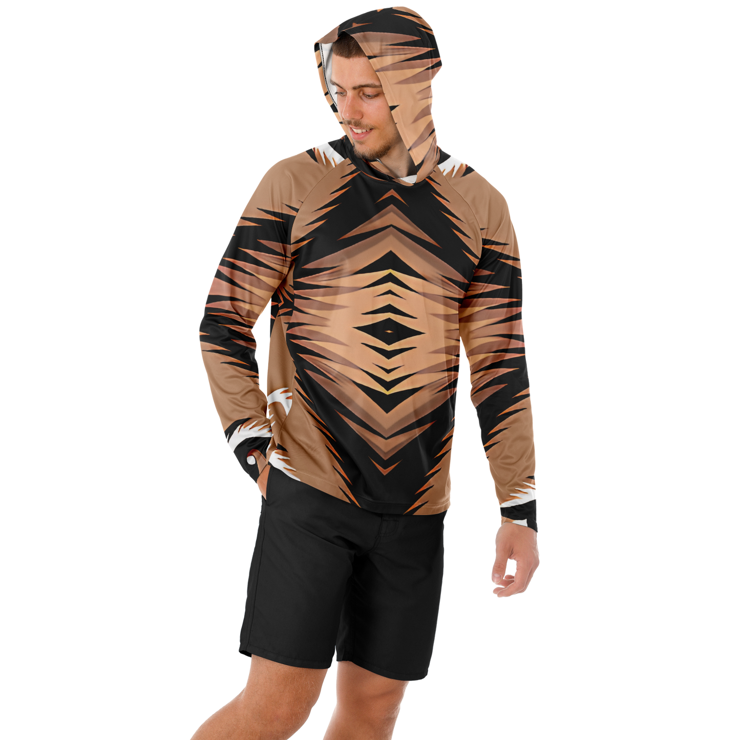 Men’s Bold Tiger Stripe Animal Pattern All Over Print  Long Sleeve Hooded Performance Shirt
