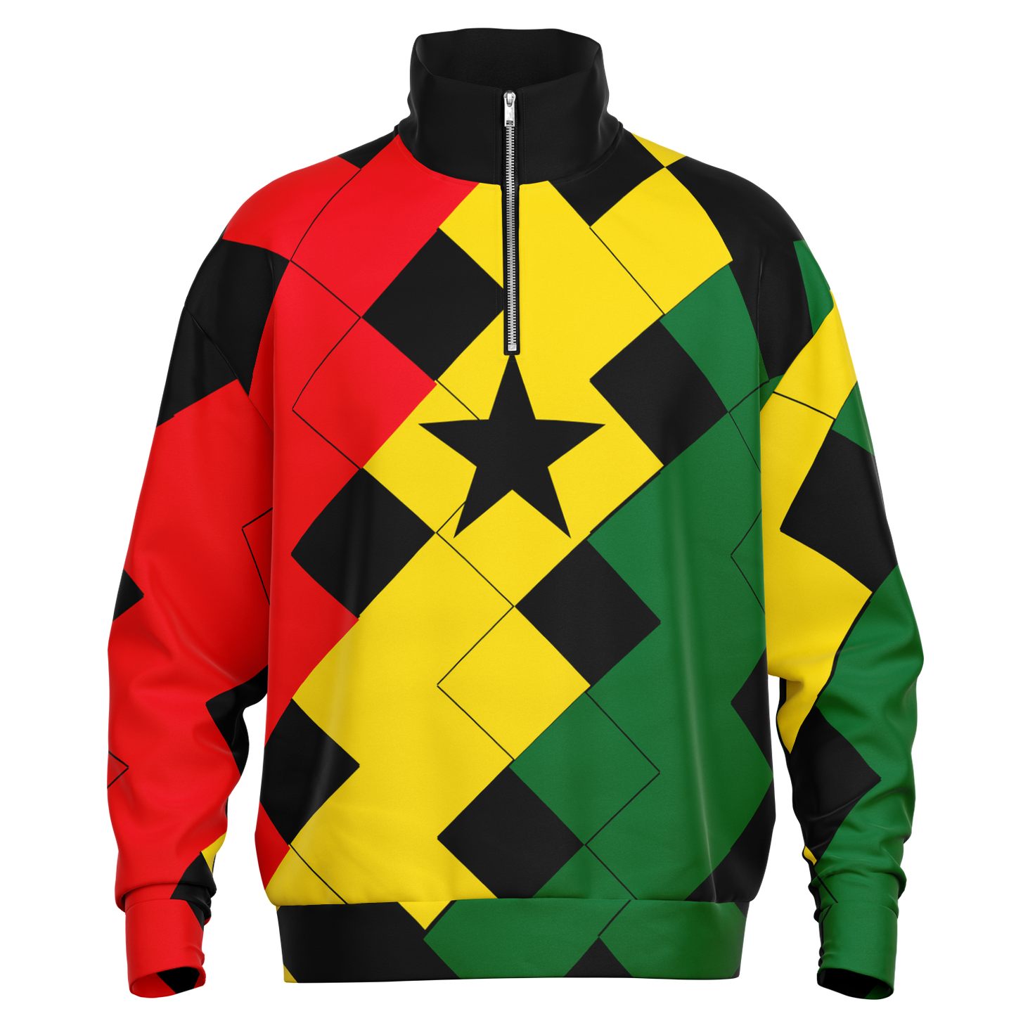 Women's Red Yellow Green and Black Stars Heavyweight Oversized Quarter Zip Sweatshirt