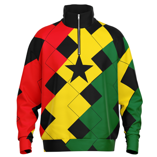 Women's Red Yellow Green and Black Stars Heavyweight Oversized Quarter Zip Sweatshirt