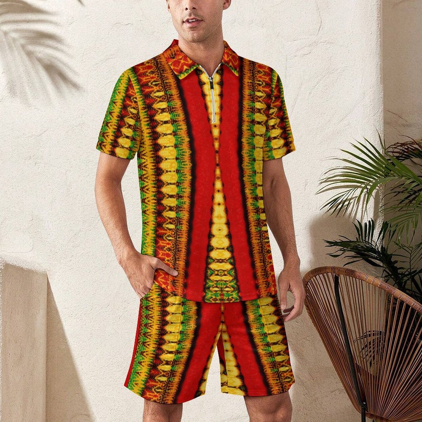 Men's Red Bold Tribal Pattern All-Over Print Zip-Up Polo Set