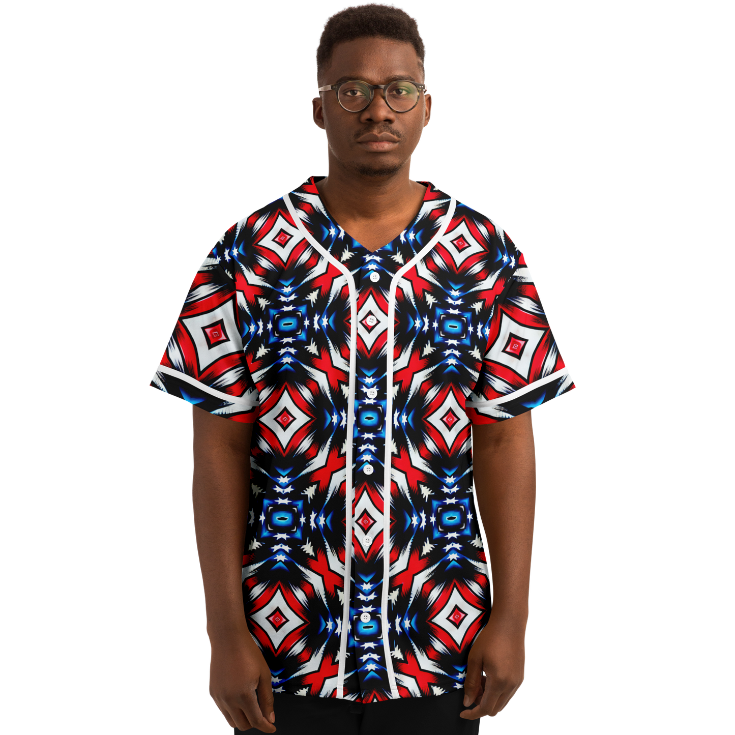 Men's Red White Blue Geometric Pattern All-Over Print Baseball Jersey