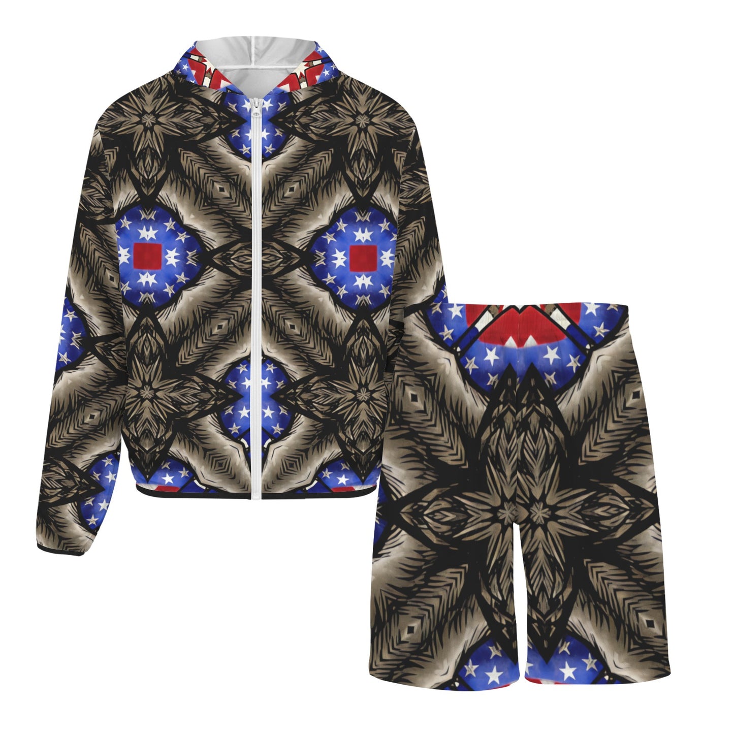 Men's Patriotic Kaleidoscope Pattern All-Over Print Lightweight Sun Hoodie & Shorts Set