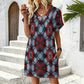 Women's Red, Green & White Teal Aztec Geo Pattern All-Over Print Casual V-Neck Dress with Rolled Cuffs