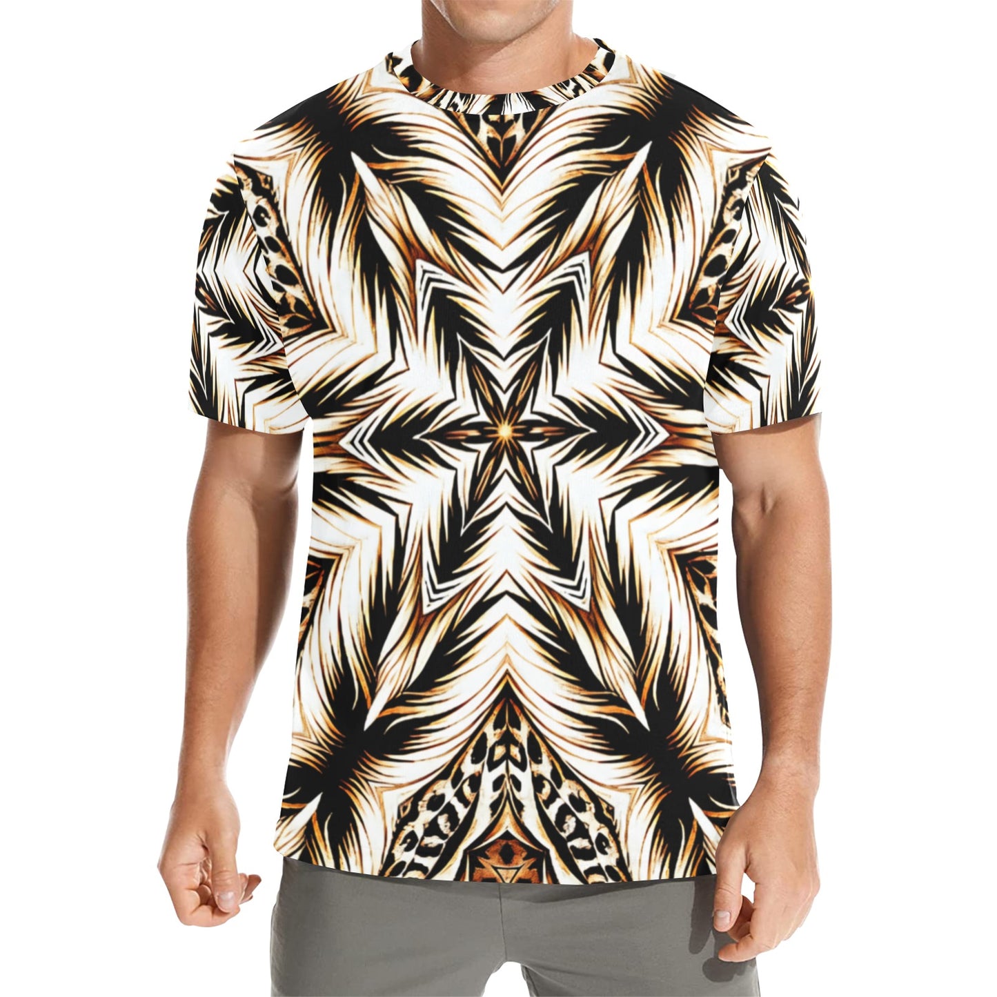 Men's Brown & Black Kaleidoscope Pattern Men's All Over Print Crew Neck T-Shirt