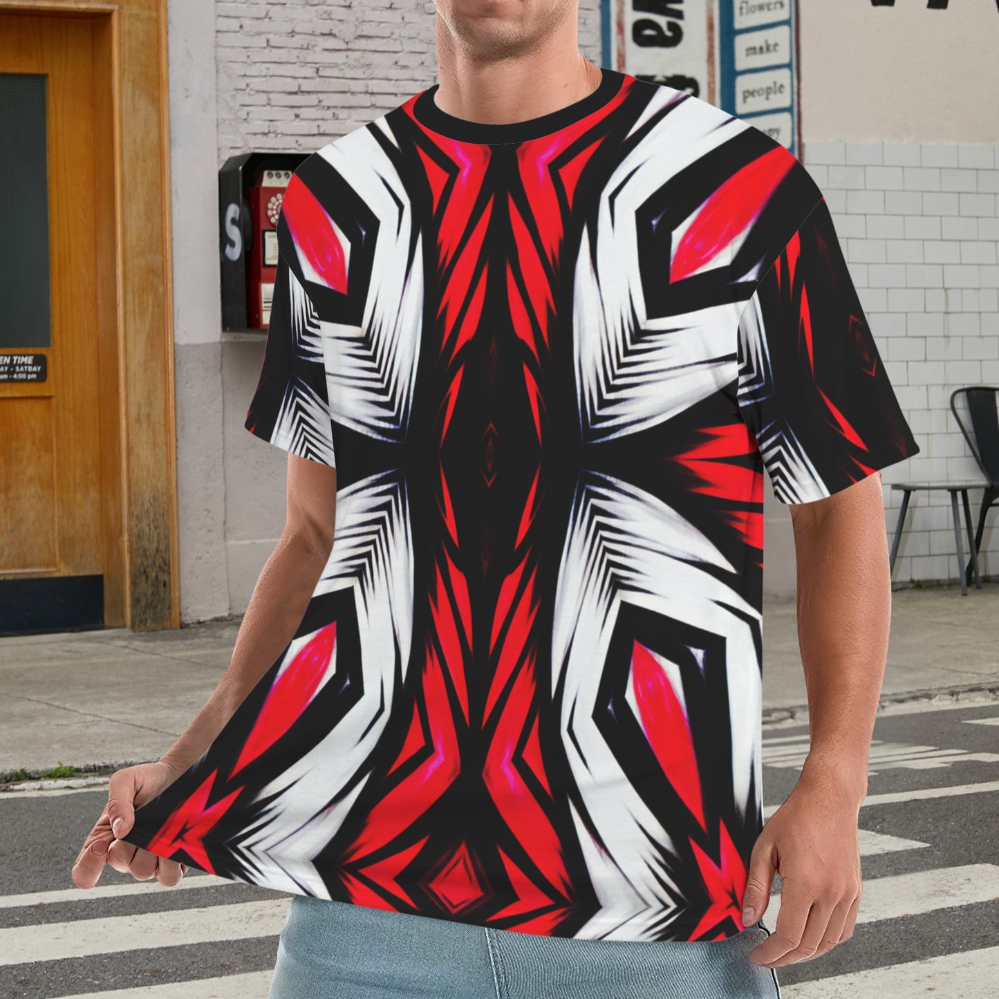 Men's Abstract Red, White & Black Pattern All-Over Print Men's All Over Print Ribbed Collar T-Shirt.