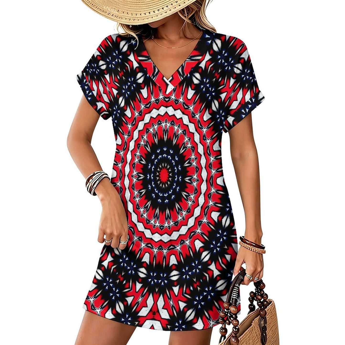 Women's Red, Blue & White Circle Pattern All-Over Print Casual V-Neck Dress with Rolled Cuffs