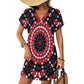 Women's Red, Blue & White Circle Pattern All-Over Print Casual V-Neck Dress with Rolled Cuffs